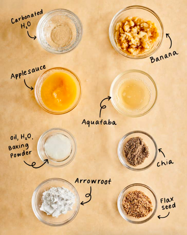 Small bowls filled with different egg substitutes.