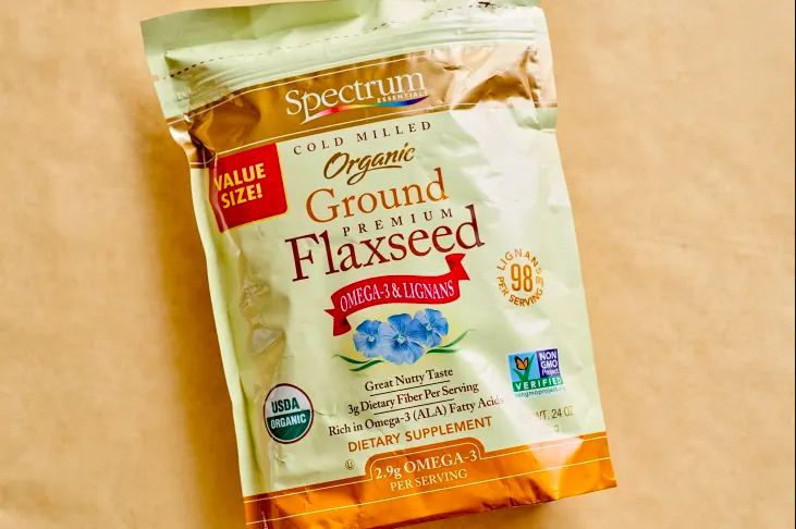 Bag of premium ground flaxseed.